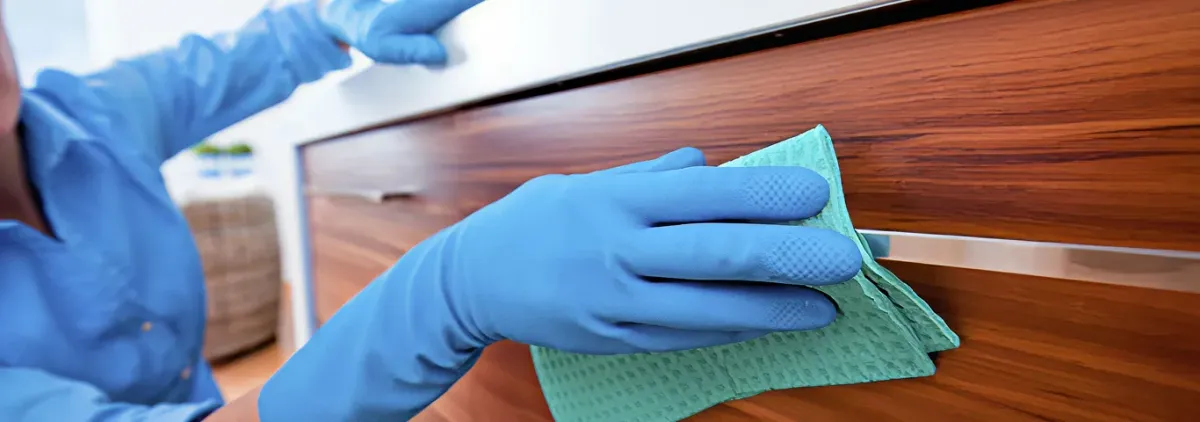 Cleaner wearing blue gloves wiping a wooden cabinet drawer with a microfiber cloth for dust and grime removal, Fargo, ND.